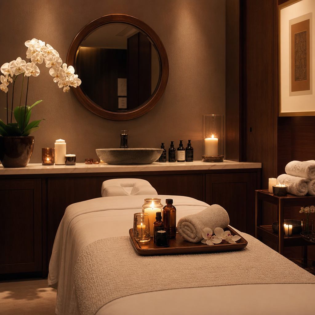 Luxurious spa room with massage table and candles